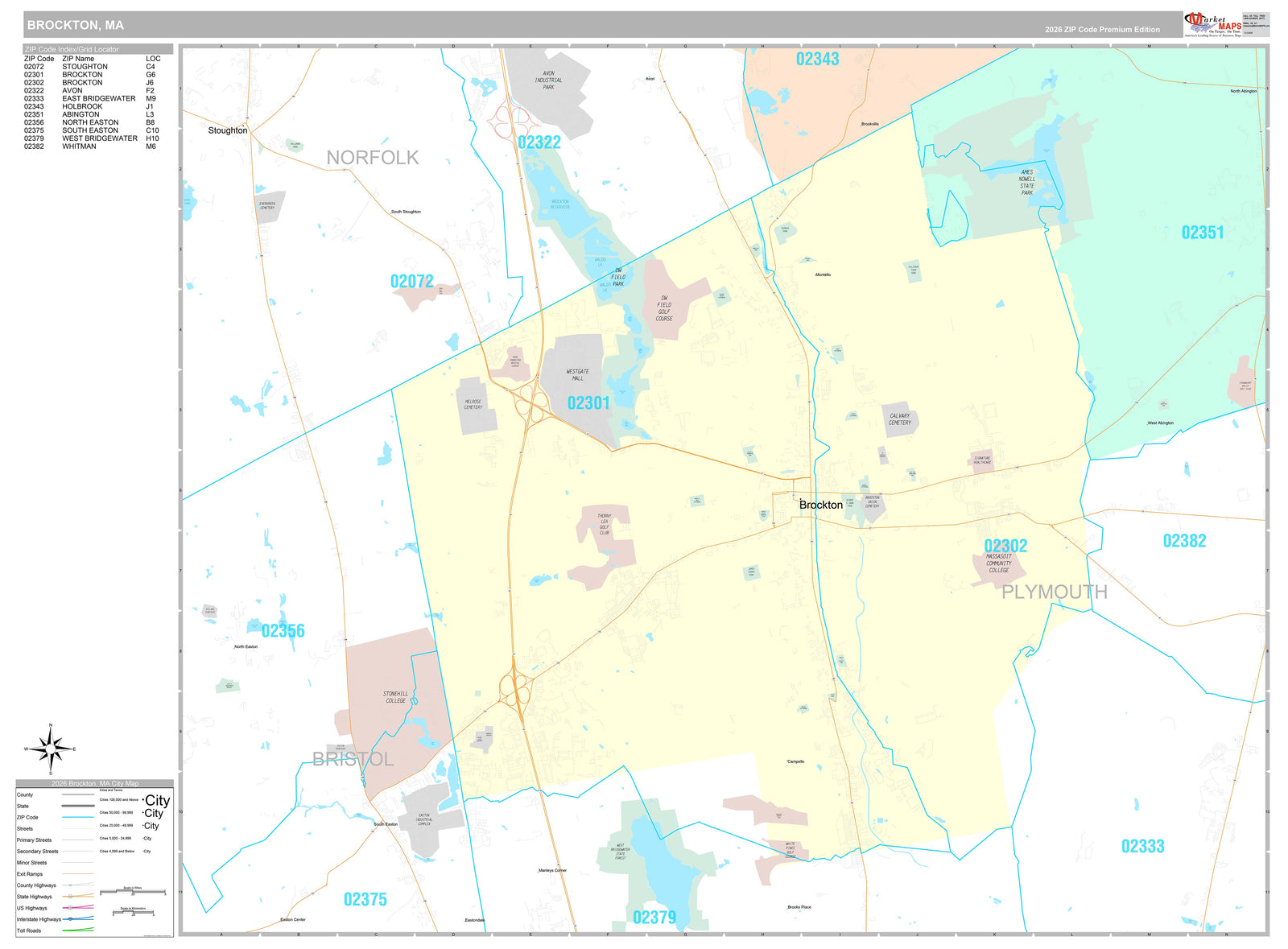 Premium Style Wall Map of Brockton, MA