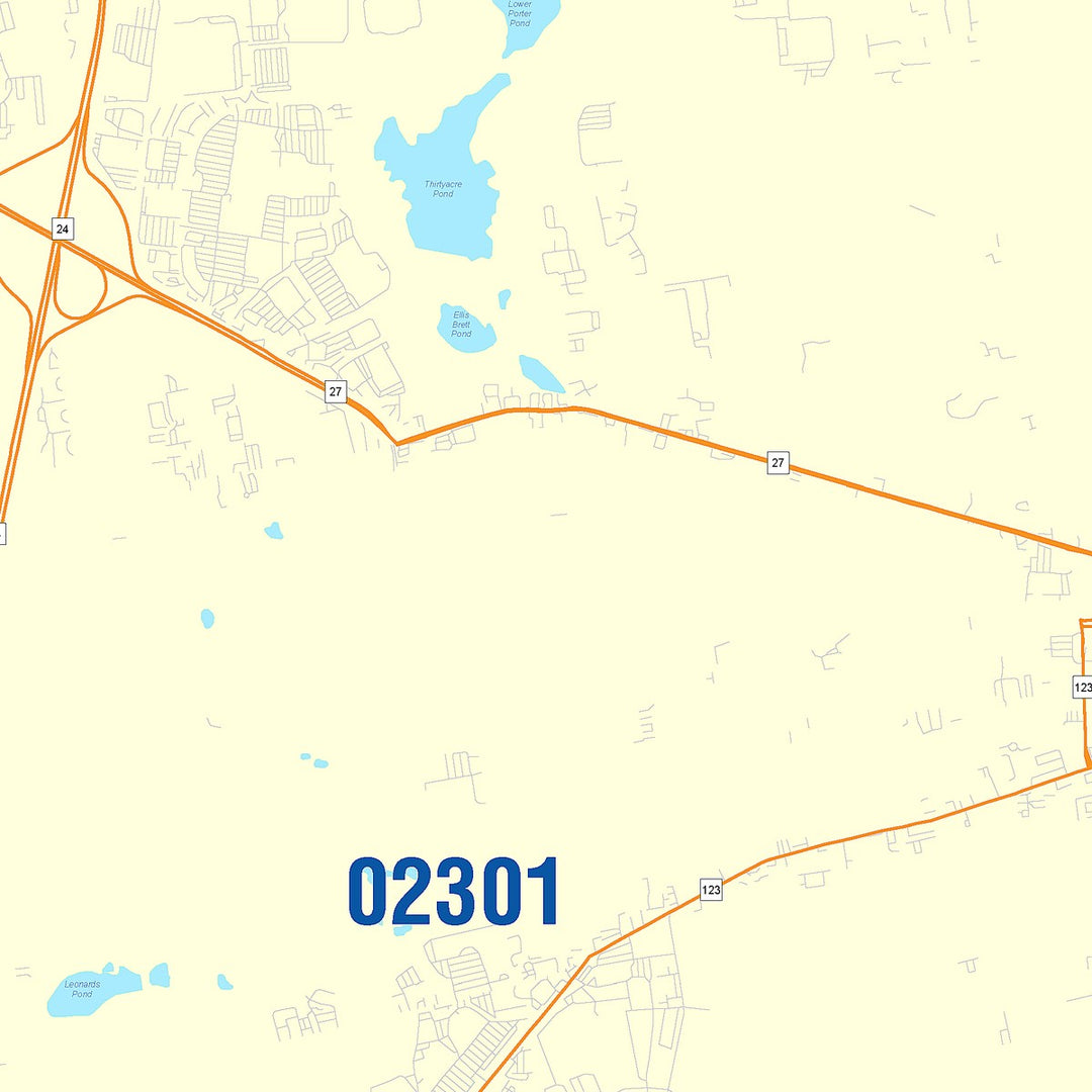 Color Cast Zip Code Style Wall Map of Brockton, MA
