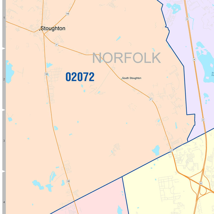 Color Cast Zip Code Style Wall Map of Brockton, MA