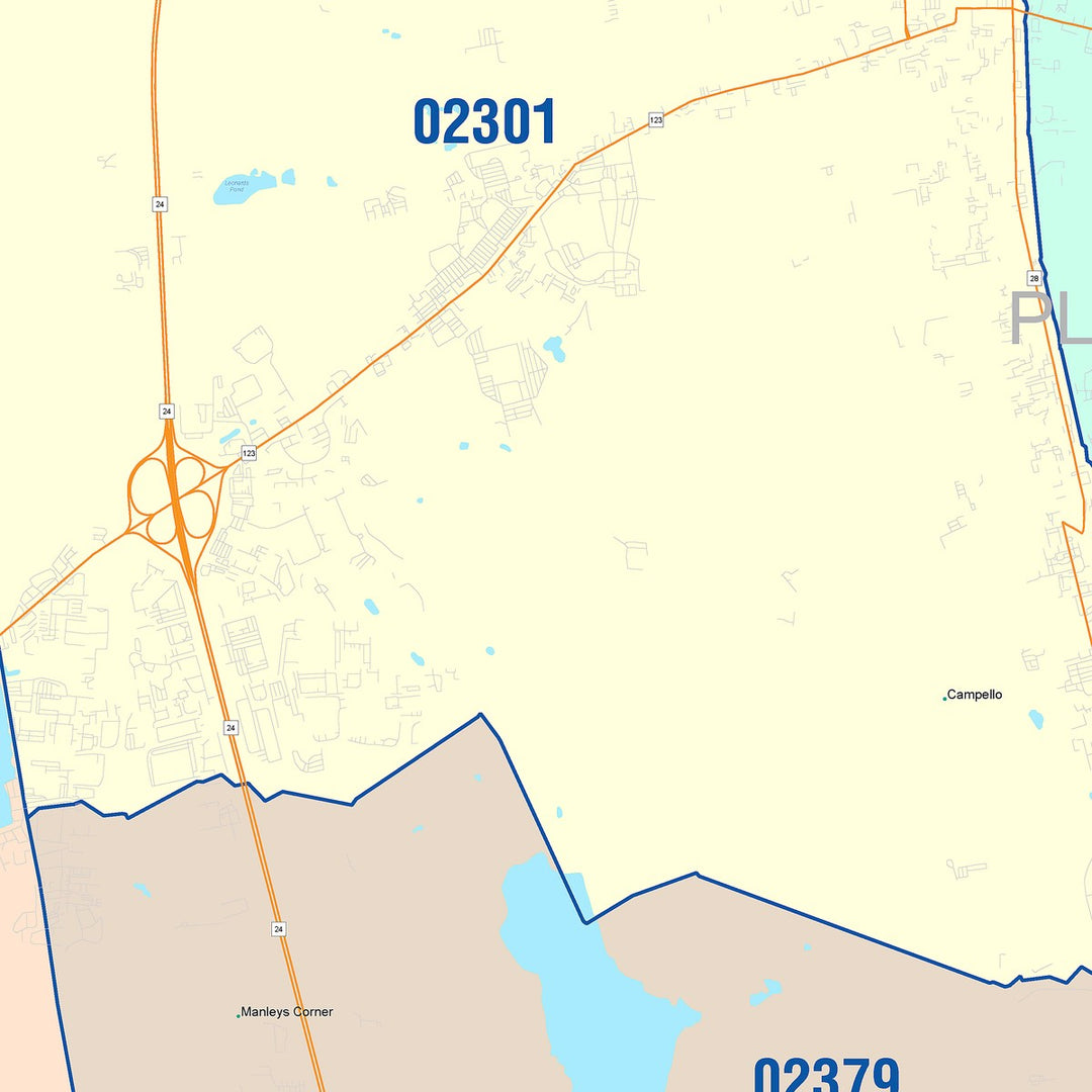 Color Cast Zip Code Style Wall Map of Brockton, MA