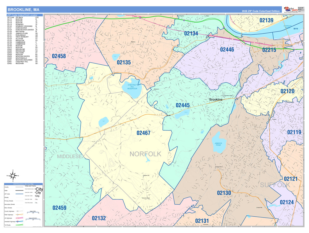 Color Cast Zip Code Style Wall Map of Brookline, MA