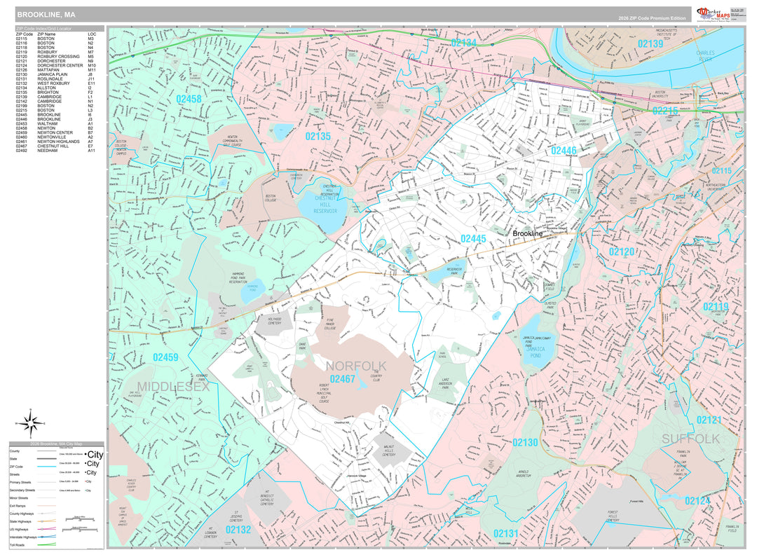 Premium Style Wall Map of Brookline, MA