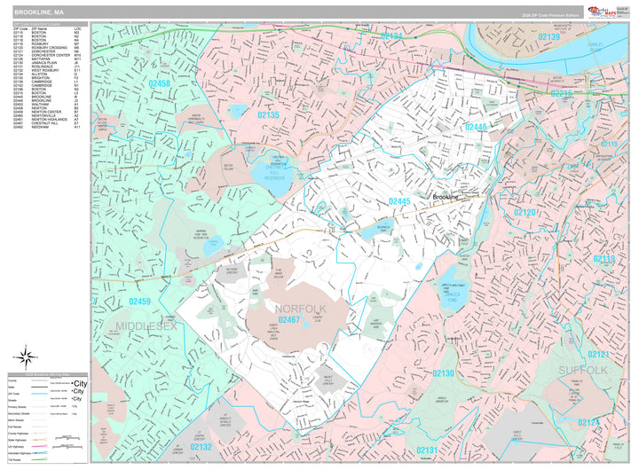 Premium Style Wall Map of Brookline, MA