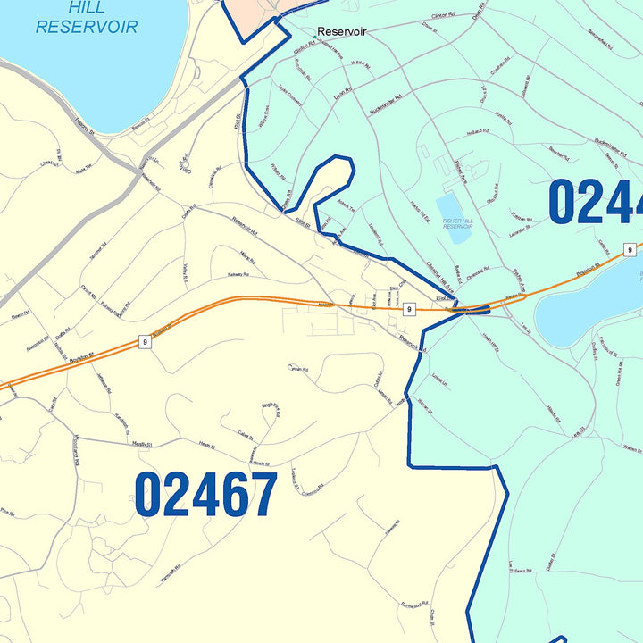 Color Cast Zip Code Style Wall Map of Brookline, MA