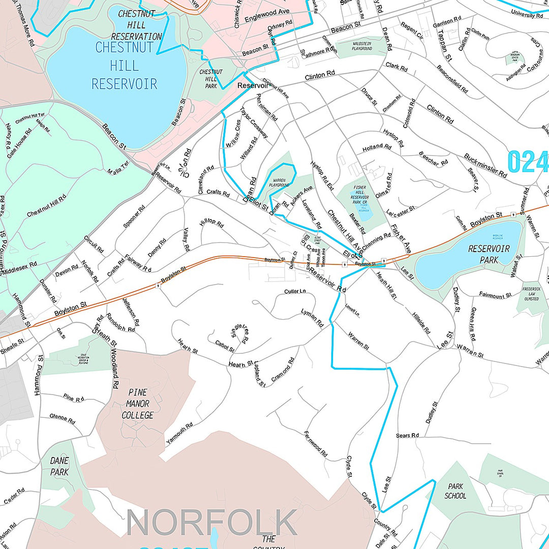 Premium Style Wall Map of Brookline, MA