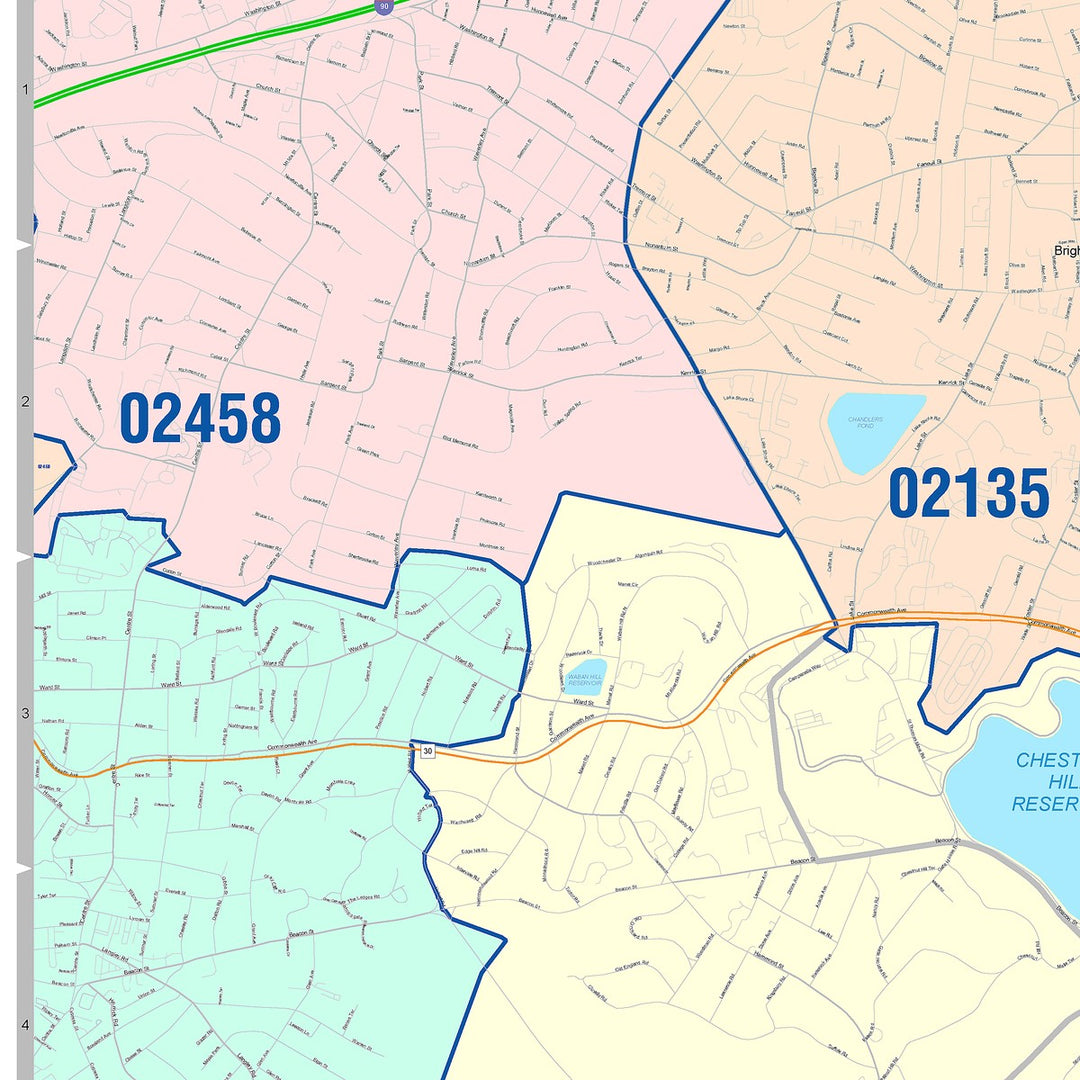 Color Cast Zip Code Style Wall Map of Brookline, MA