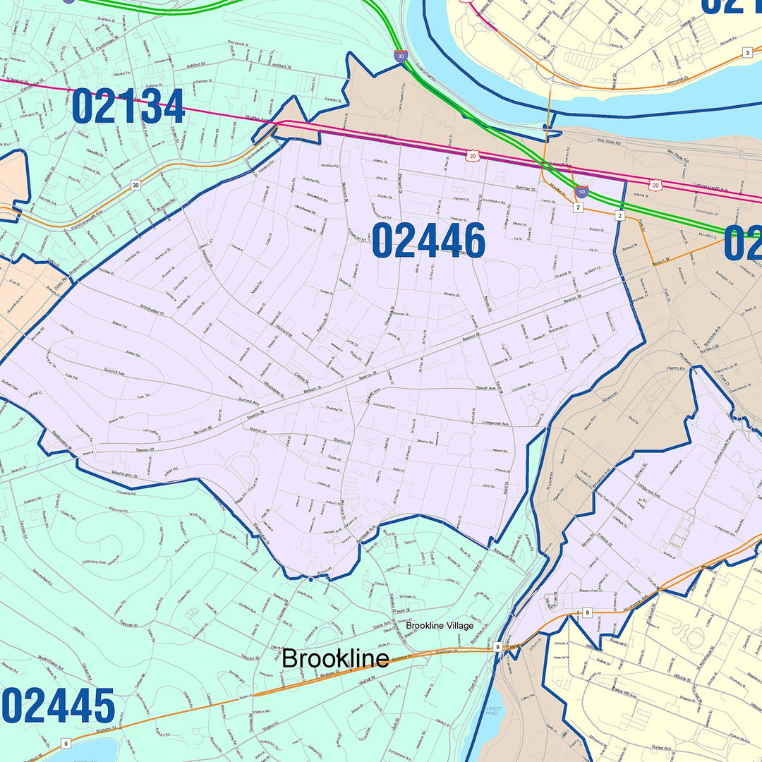 Color Cast Zip Code Style Wall Map of Brookline, MA