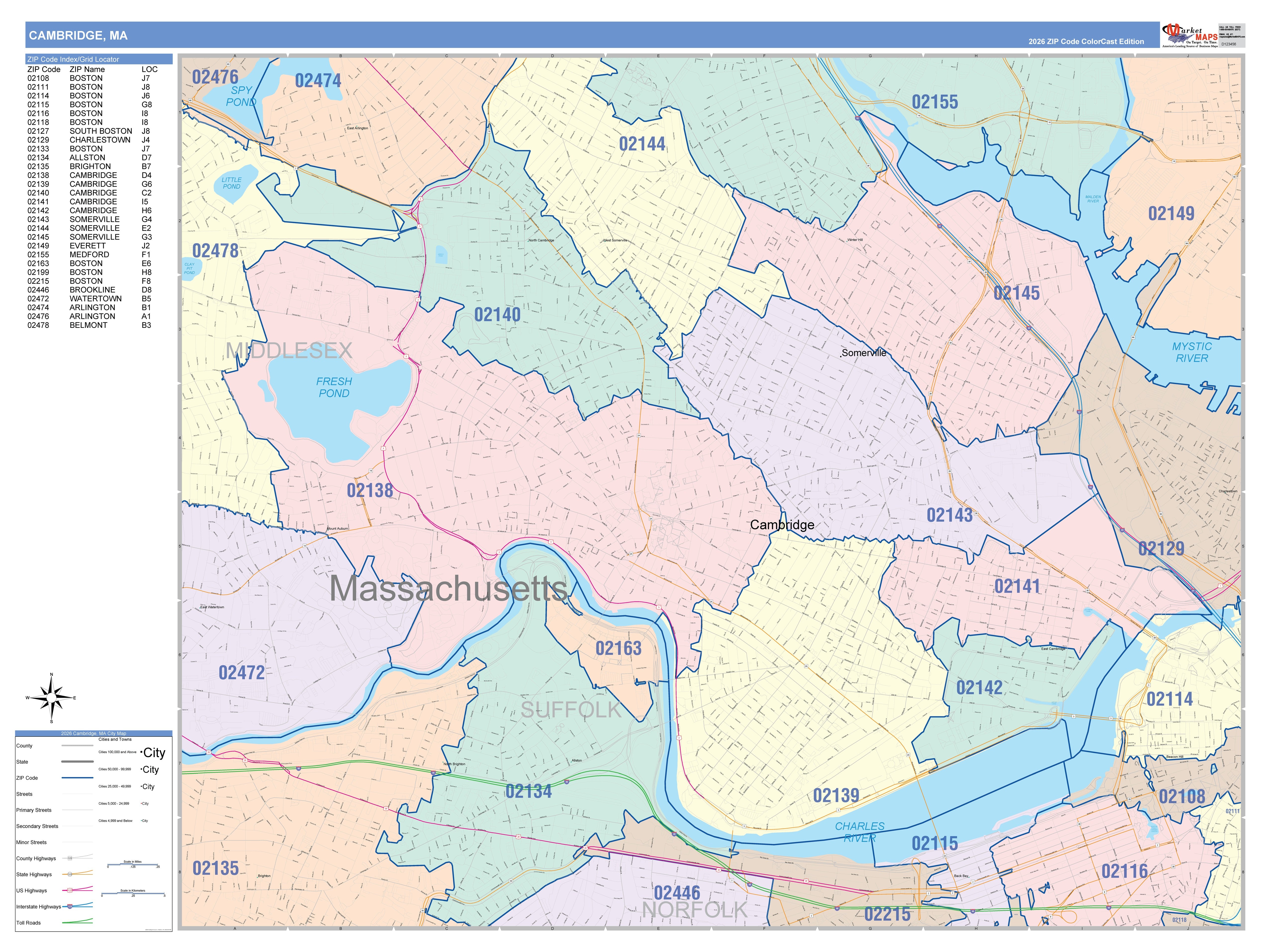 Color Cast Zip Code Style Wall Map of Cambridge, MA – American Map Store