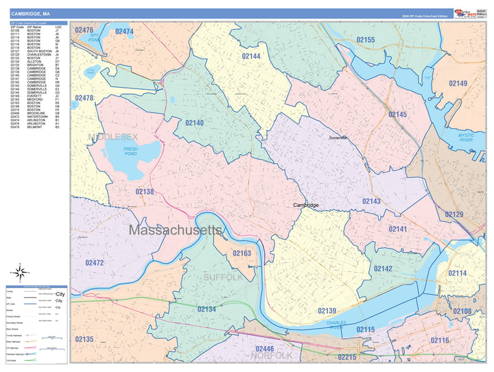 Color Cast Zip Code Style Wall Map of Cambridge, MA
