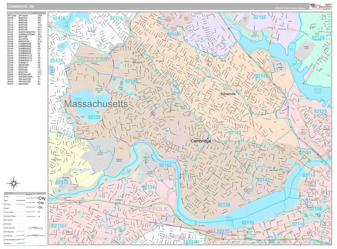 Premium Style Wall Map of Cambridge, MA