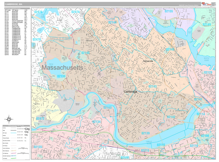 Premium Style Wall Map of Cambridge, MA