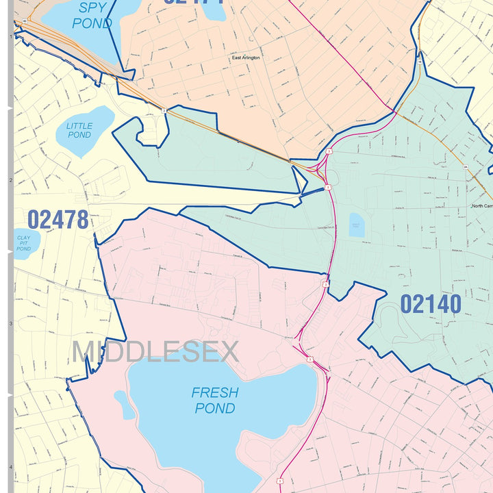 Color Cast Zip Code Style Wall Map of Cambridge, MA
