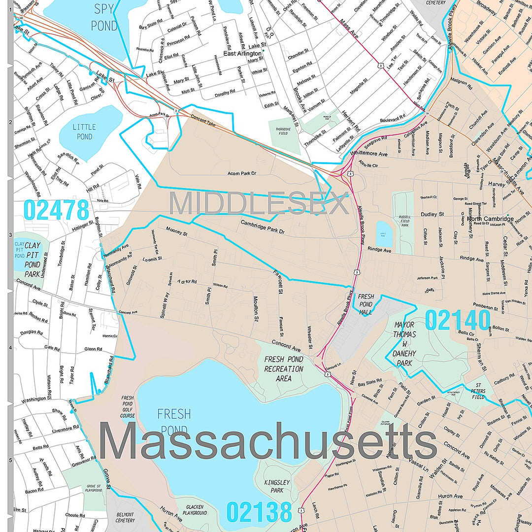 Premium Style Wall Map of Cambridge, MA