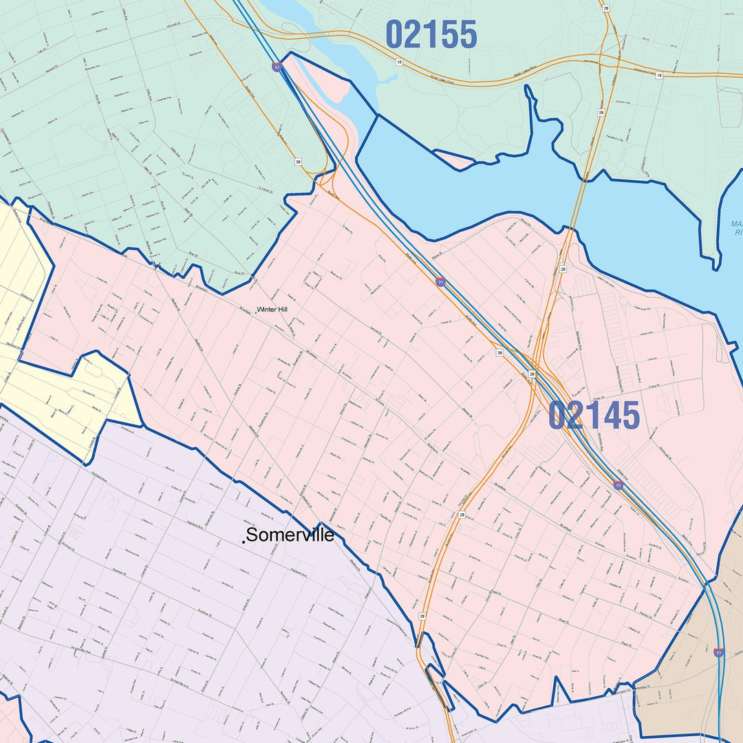 Color Cast Zip Code Style Wall Map of Cambridge, MA