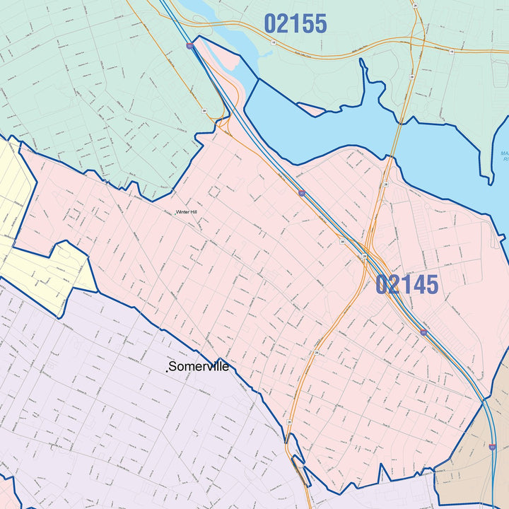 Color Cast Zip Code Style Wall Map of Cambridge, MA