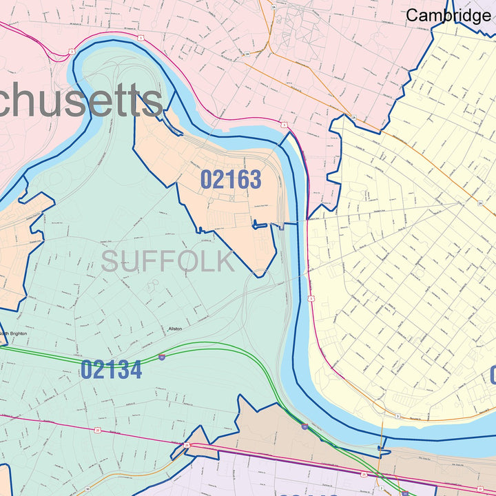 Color Cast Zip Code Style Wall Map of Cambridge, MA
