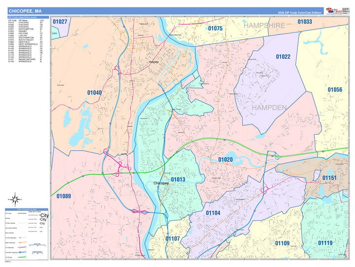 Color Cast Zip Code Style Wall Map of Chicopee, MA
