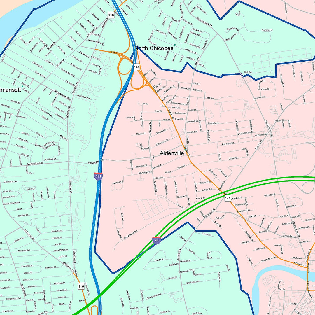 Color Cast Zip Code Style Wall Map of Chicopee, MA