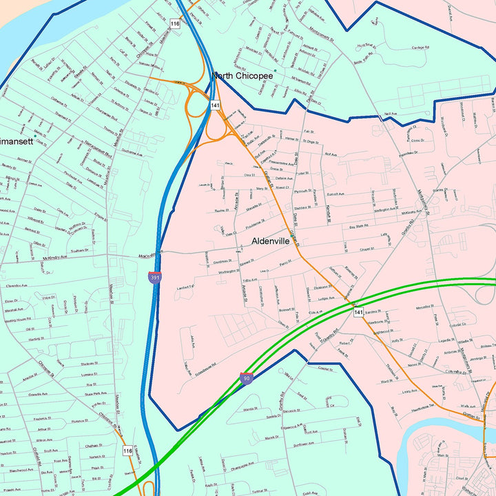 Color Cast Zip Code Style Wall Map of Chicopee, MA