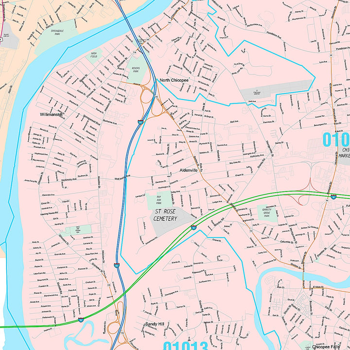 Premium Style Wall Map of Chicopee, MA