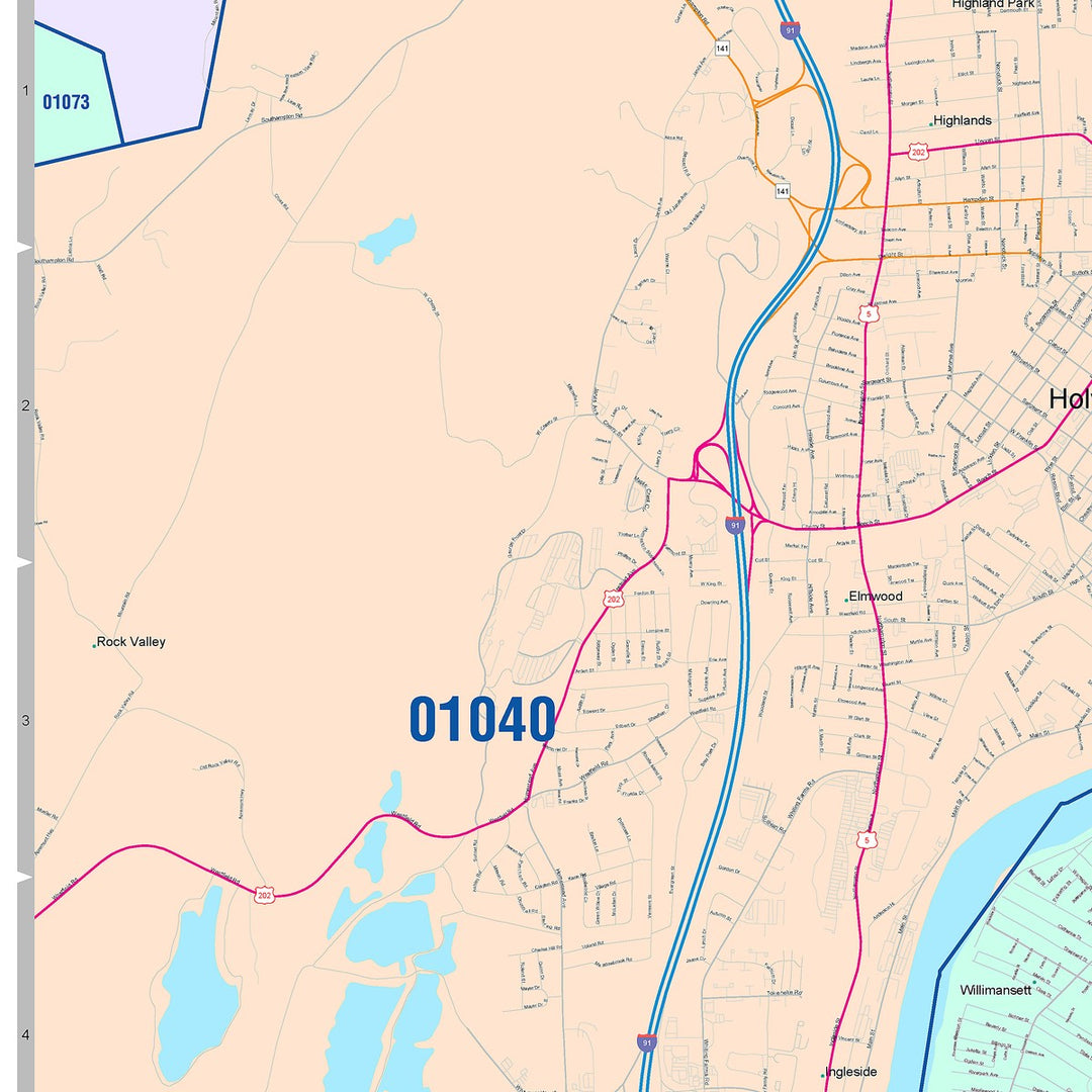 Color Cast Zip Code Style Wall Map of Chicopee, MA
