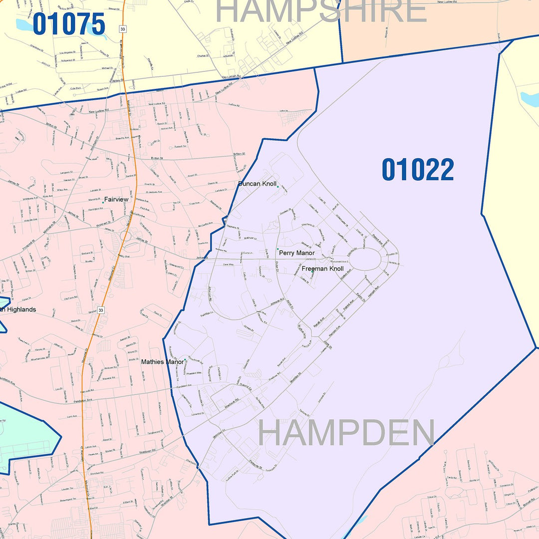 Color Cast Zip Code Style Wall Map of Chicopee, MA