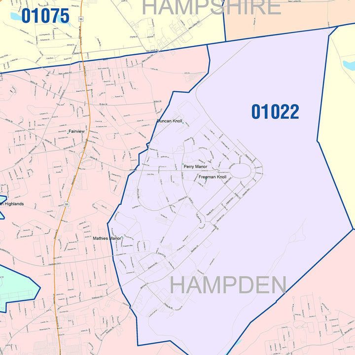 Color Cast Zip Code Style Wall Map of Chicopee, MA