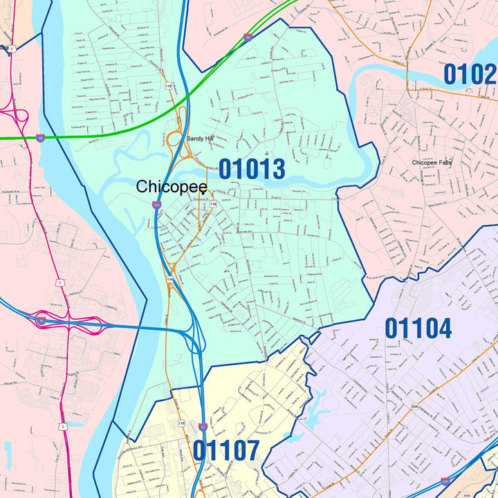 Color Cast Zip Code Style Wall Map of Chicopee, MA