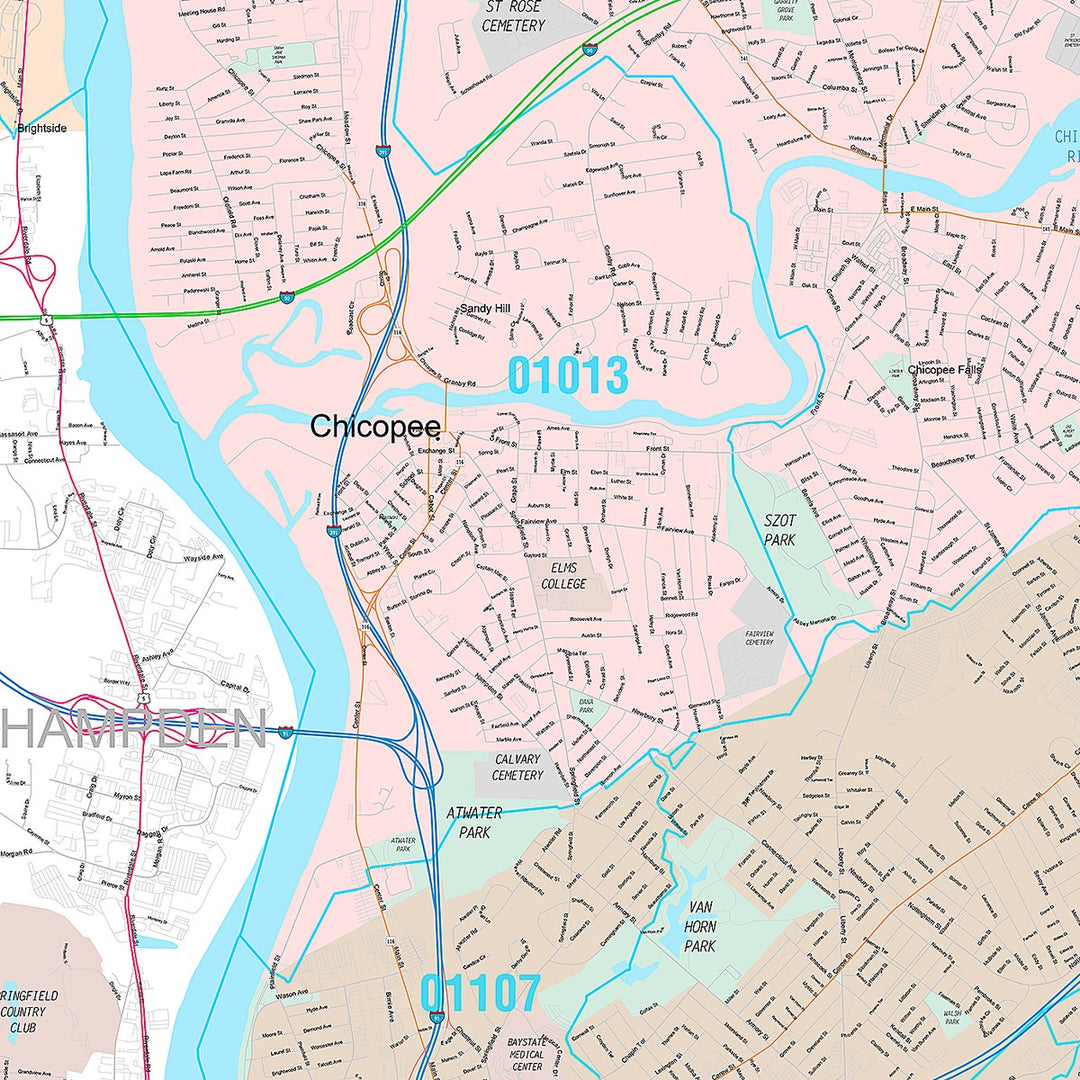 Premium Style Wall Map of Chicopee, MA