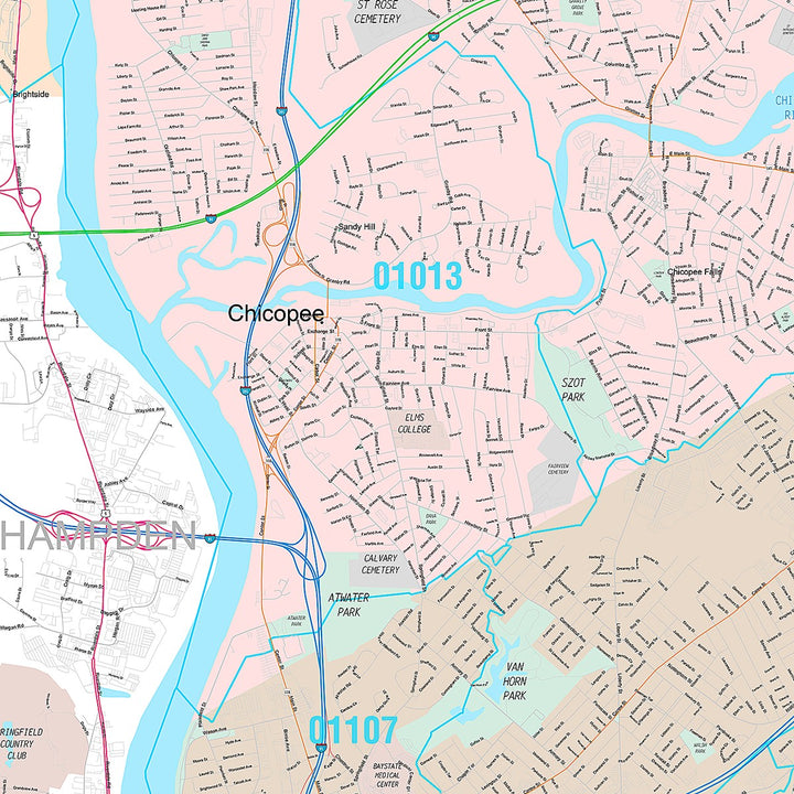 Premium Style Wall Map of Chicopee, MA