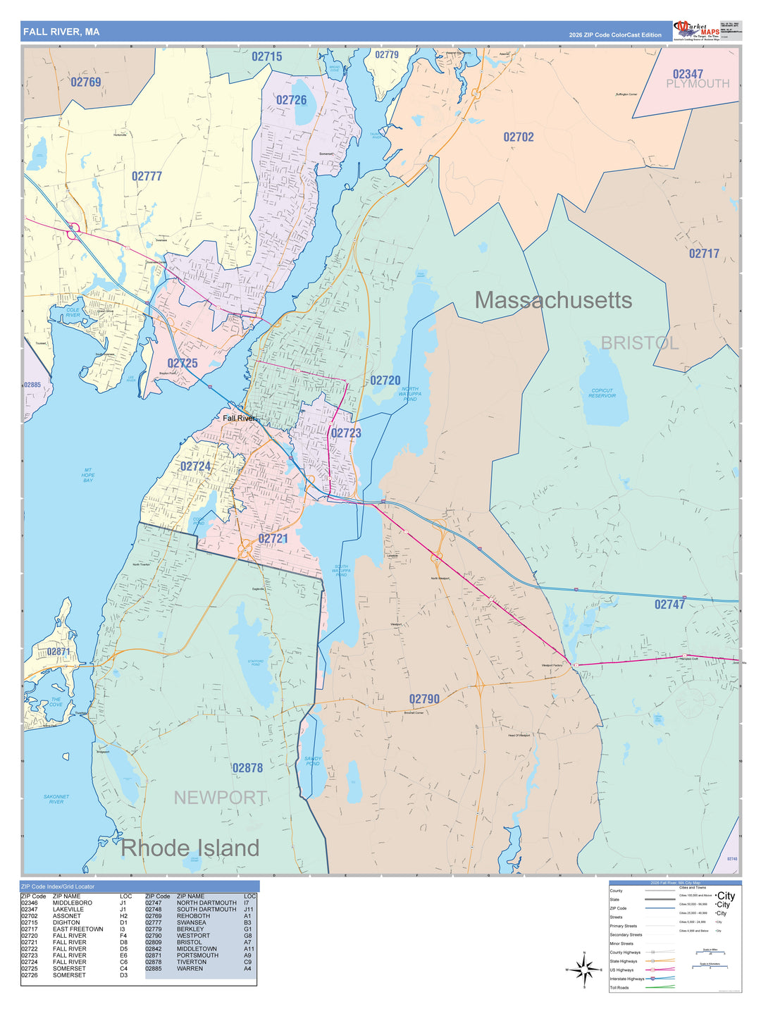 Color Cast Zip Code Style Wall Map of Fall River, MA