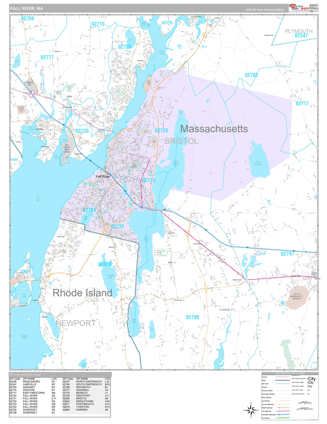 Premium Style Wall Map of Fall River, MA