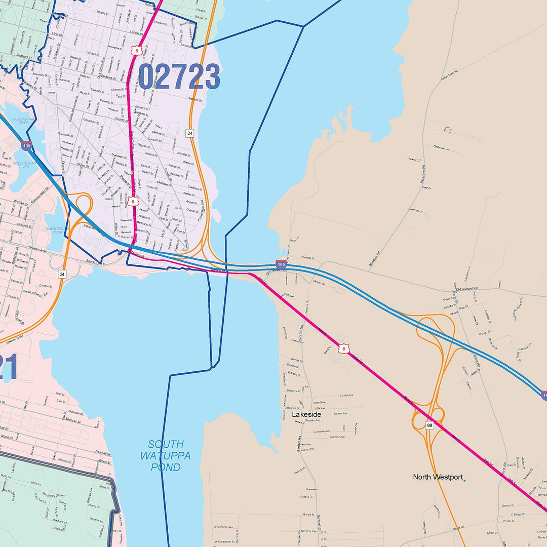 Color Cast Zip Code Style Wall Map of Fall River, MA