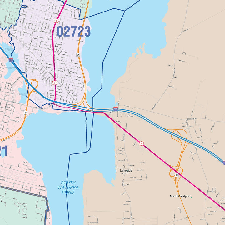 Color Cast Zip Code Style Wall Map of Fall River, MA