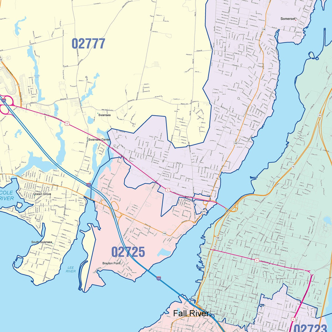 Color Cast Zip Code Style Wall Map of Fall River, MA