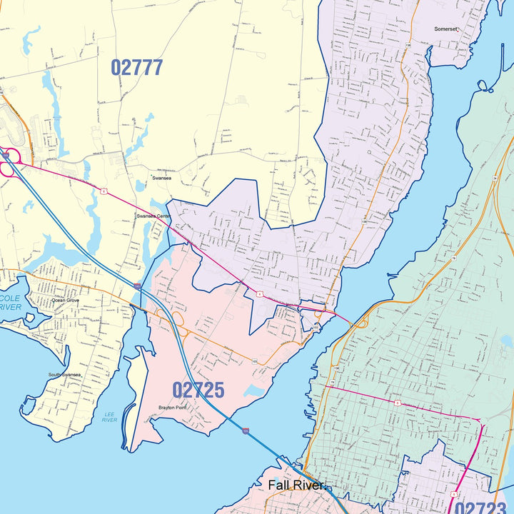 Color Cast Zip Code Style Wall Map of Fall River, MA