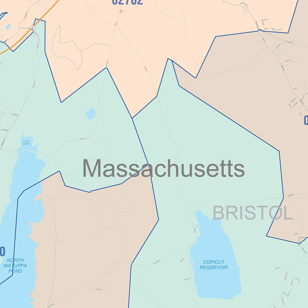 Color Cast Zip Code Style Wall Map of Fall River, MA