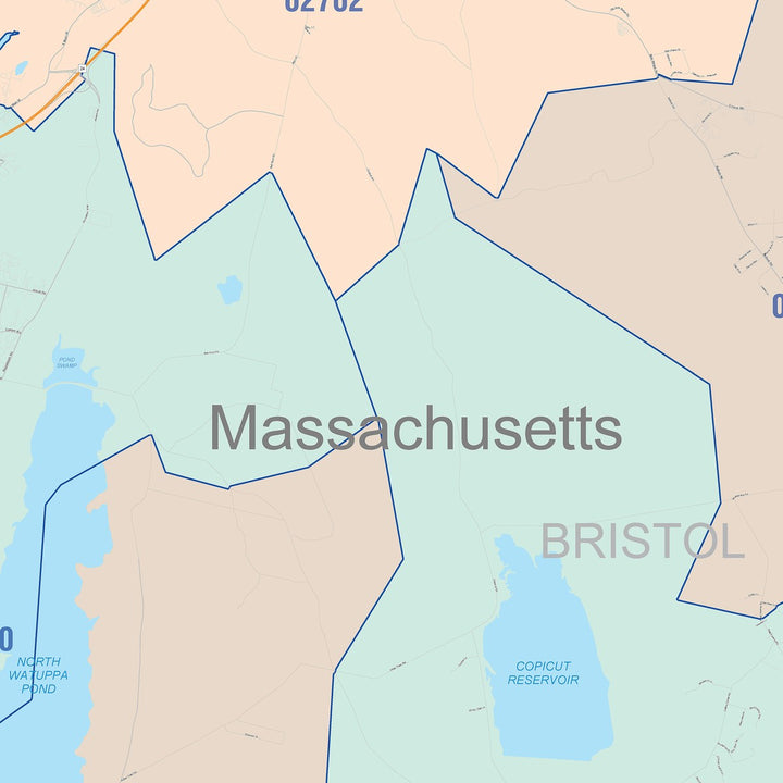 Color Cast Zip Code Style Wall Map of Fall River, MA