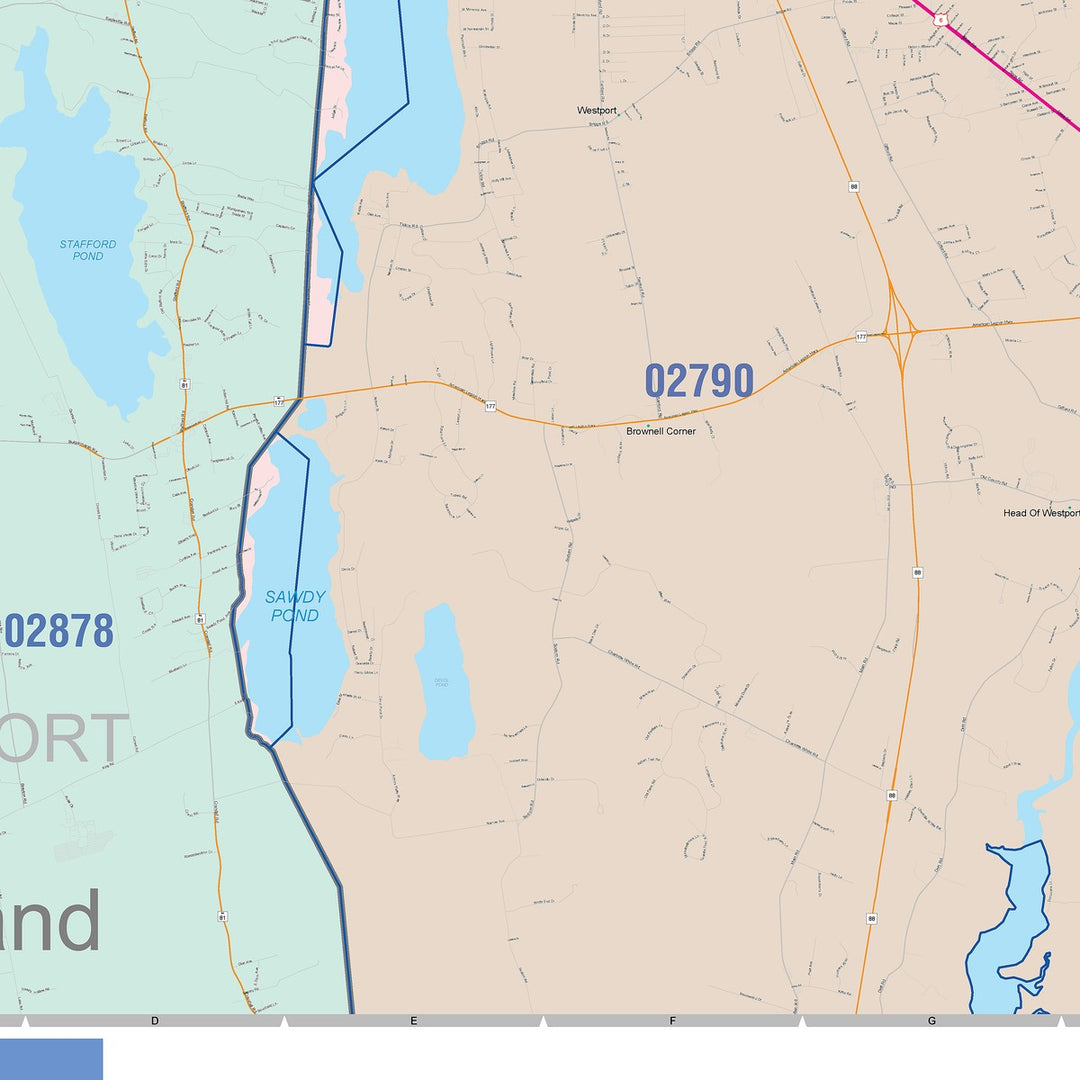 Color Cast Zip Code Style Wall Map of Fall River, MA
