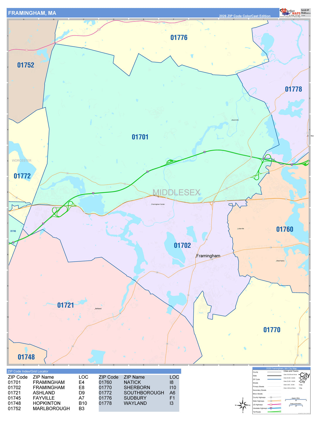Color Cast Zip Code Style Wall Map of Framingham, MA
