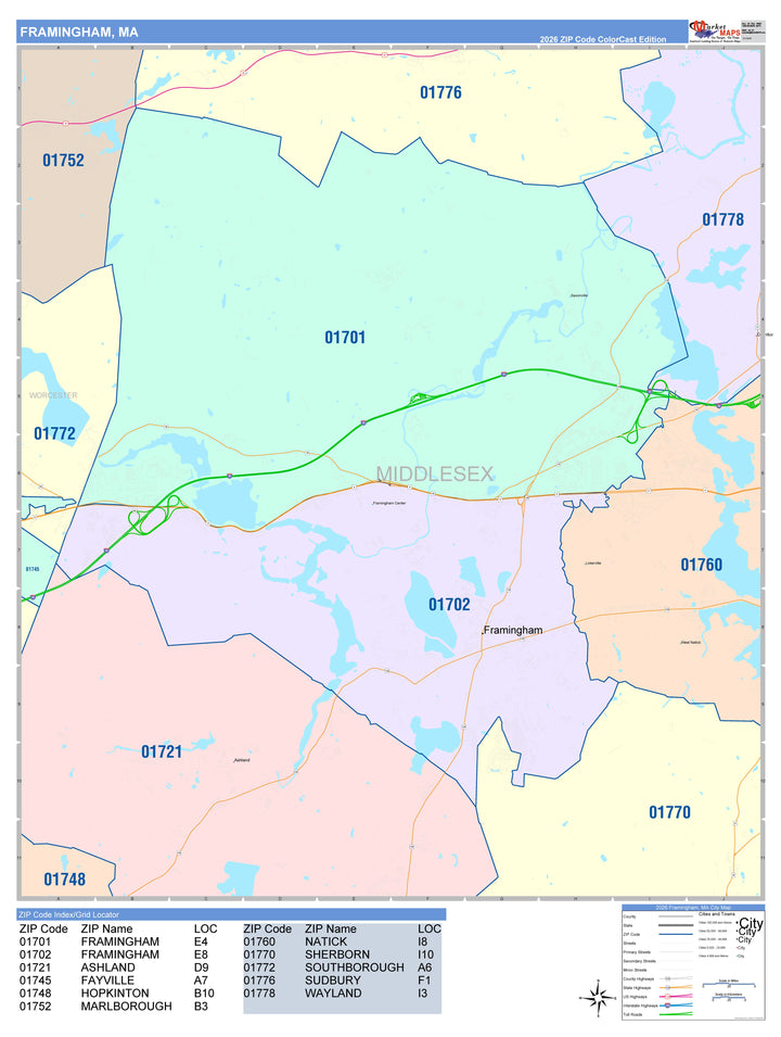 Color Cast Zip Code Style Wall Map of Framingham, MA