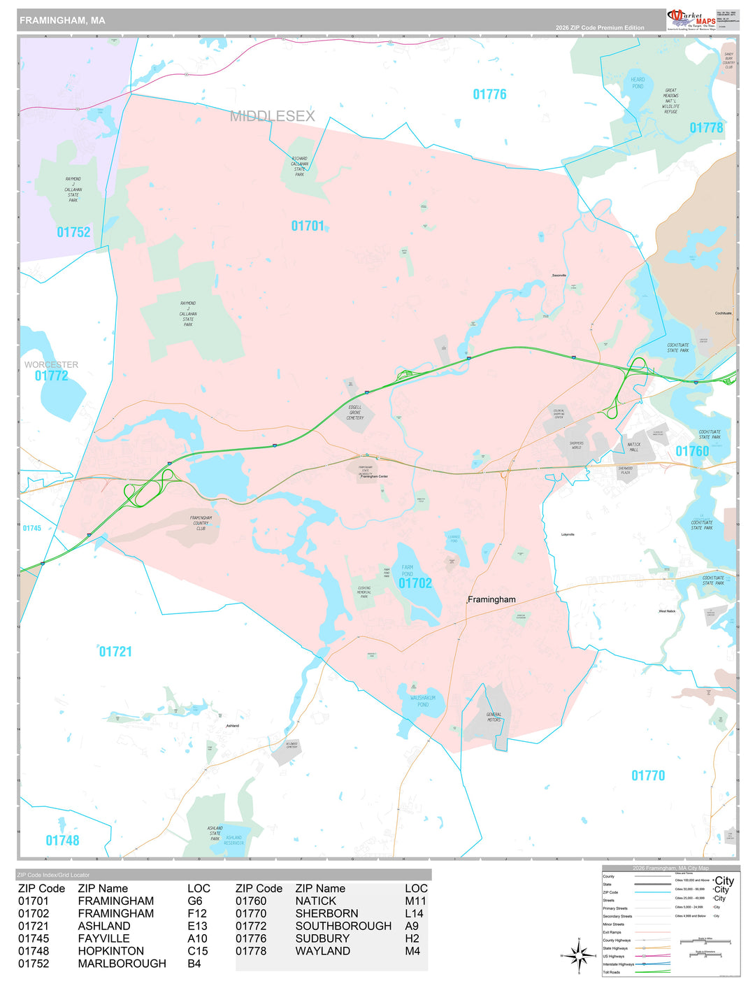 Premium Style Wall Map of Framingham, MA