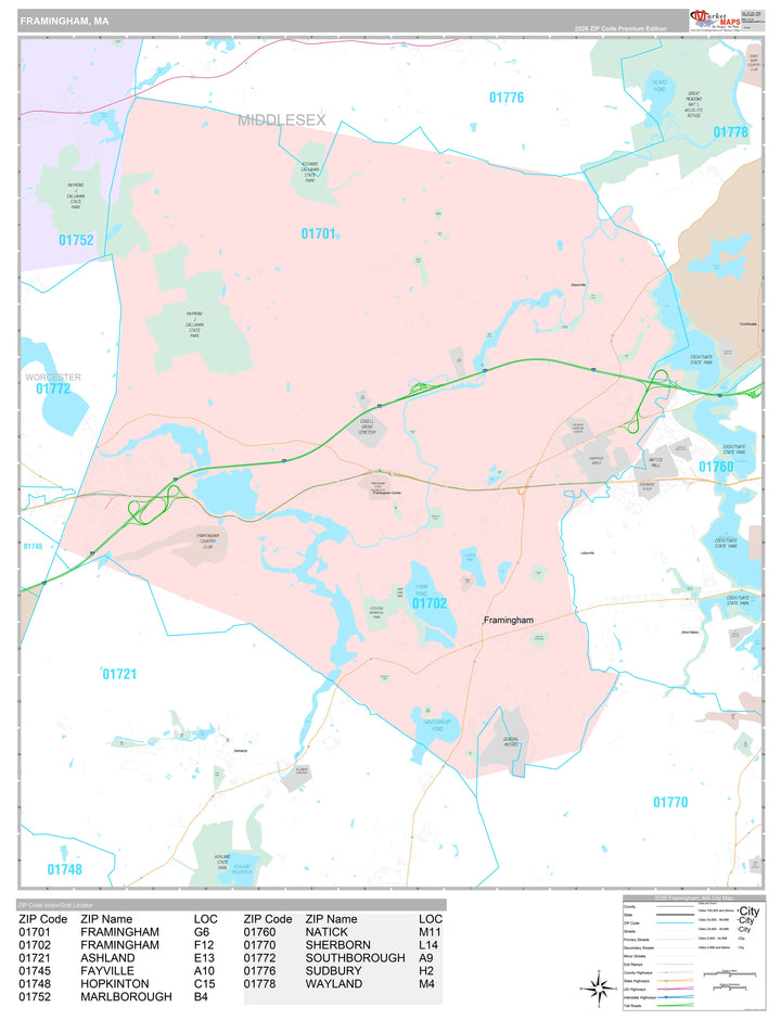 Premium Style Wall Map of Framingham, MA