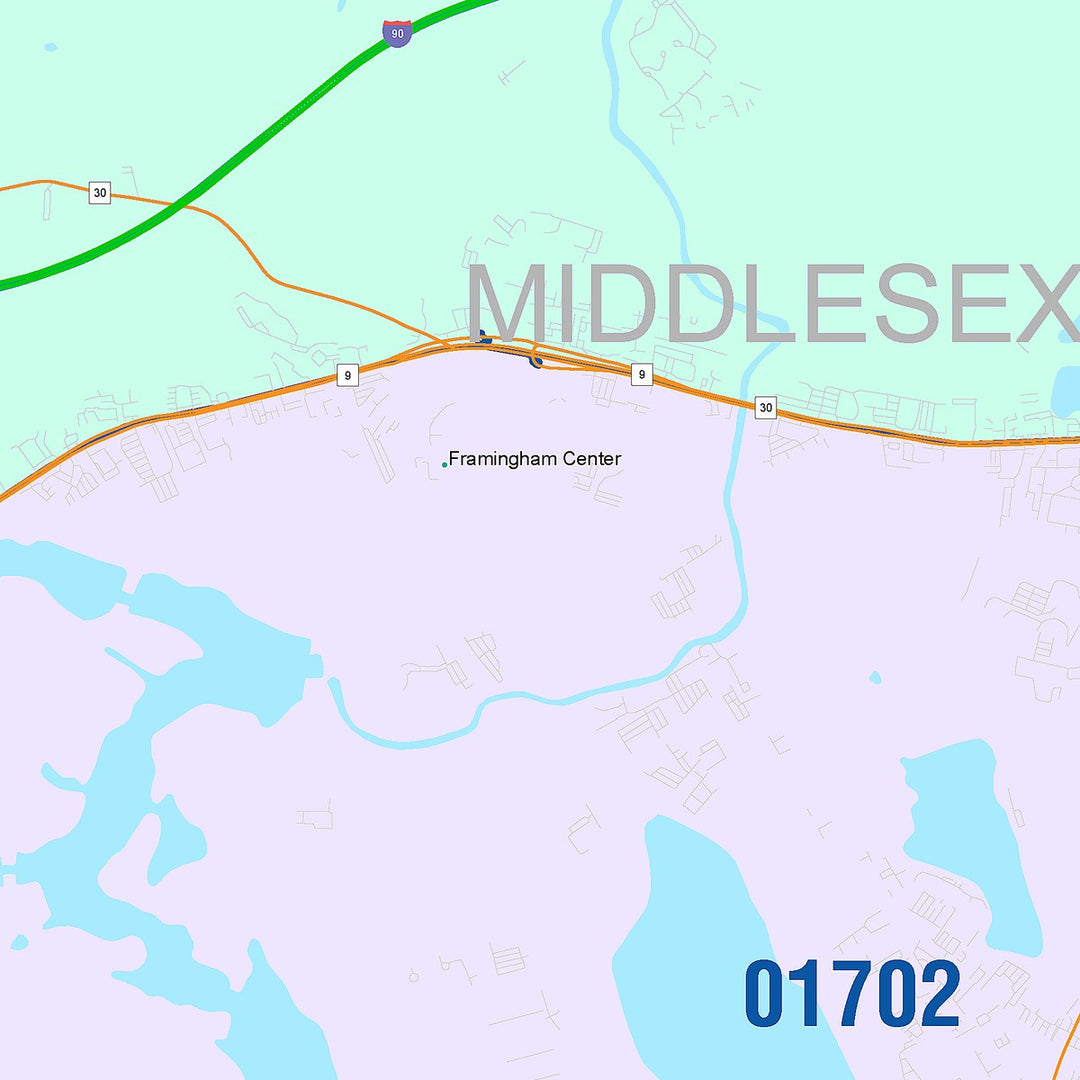 Color Cast Zip Code Style Wall Map of Framingham, MA