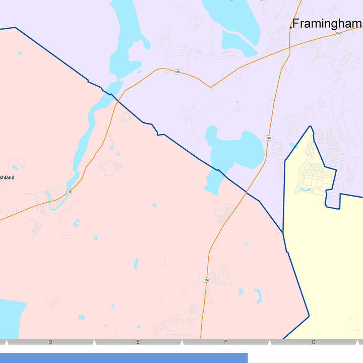 Color Cast Zip Code Style Wall Map of Framingham, MA