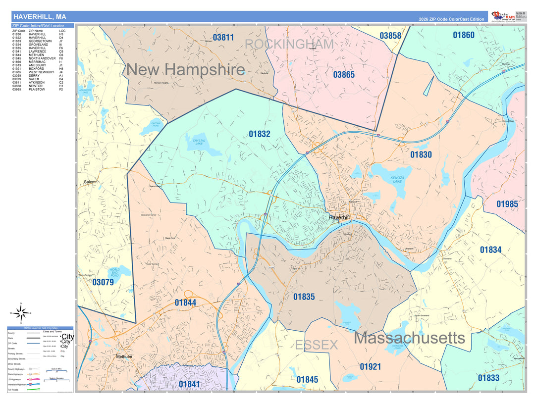 Color Cast Zip Code Style Wall Map of Haverhill, MA