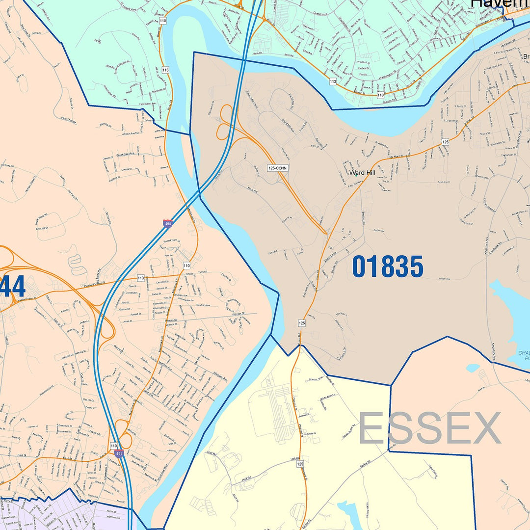 Color Cast Zip Code Style Wall Map of Haverhill, MA