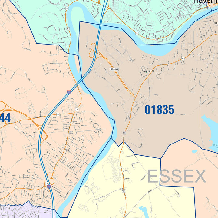 Color Cast Zip Code Style Wall Map of Haverhill, MA