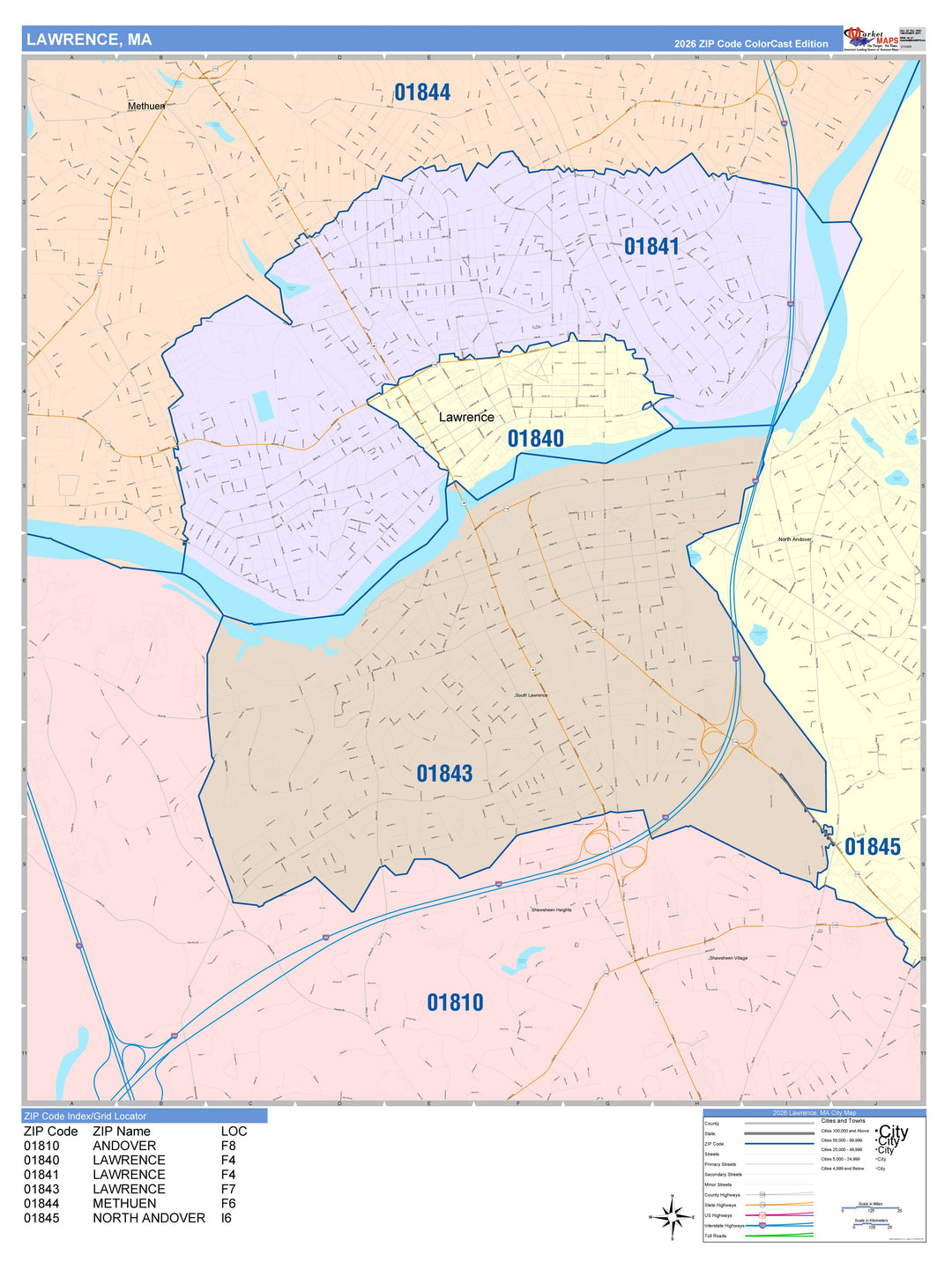 Color Cast Zip Code Style Wall Map of Lawrence, MA