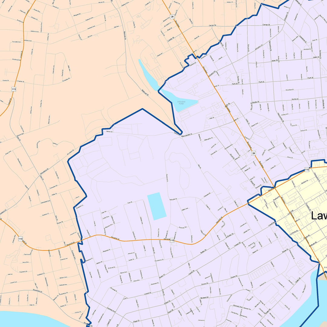 Color Cast Zip Code Style Wall Map of Lawrence, MA